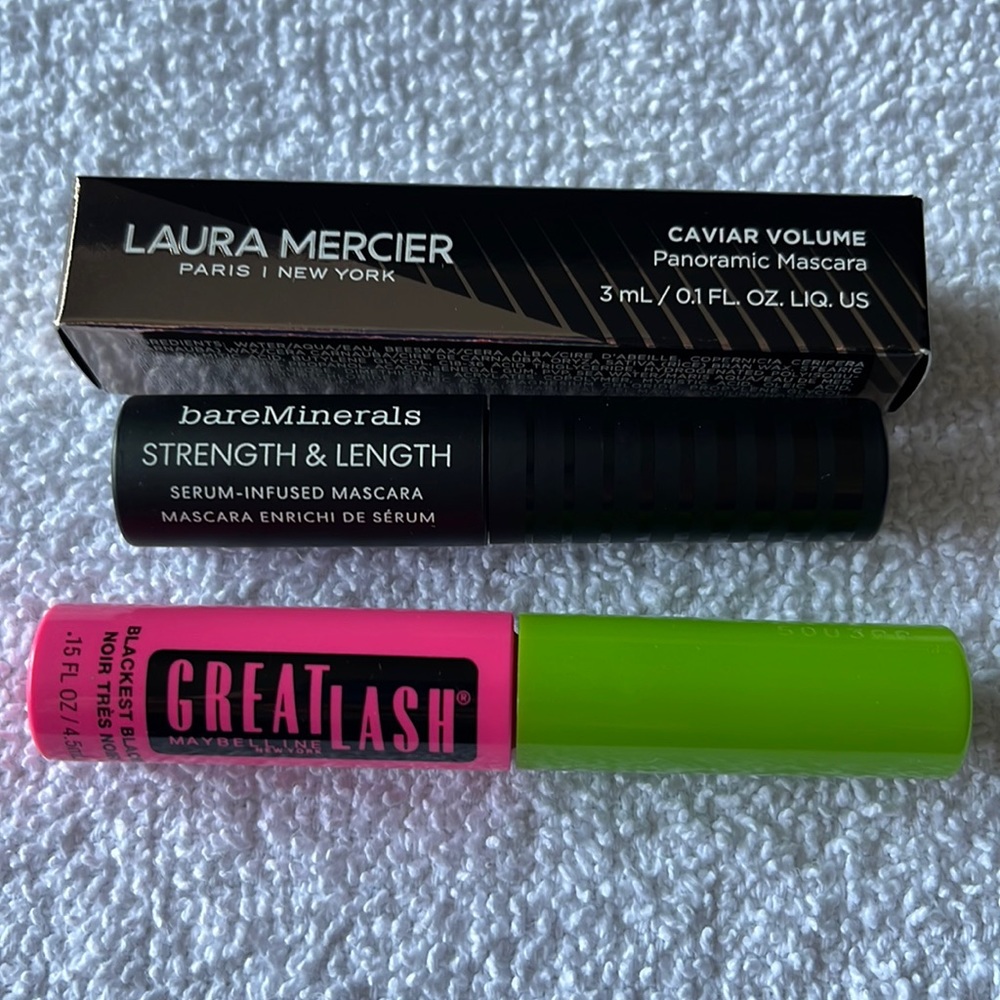 3 Travel Size Mascara LAURA MERCIER, bareMinerals, Maybelline Black